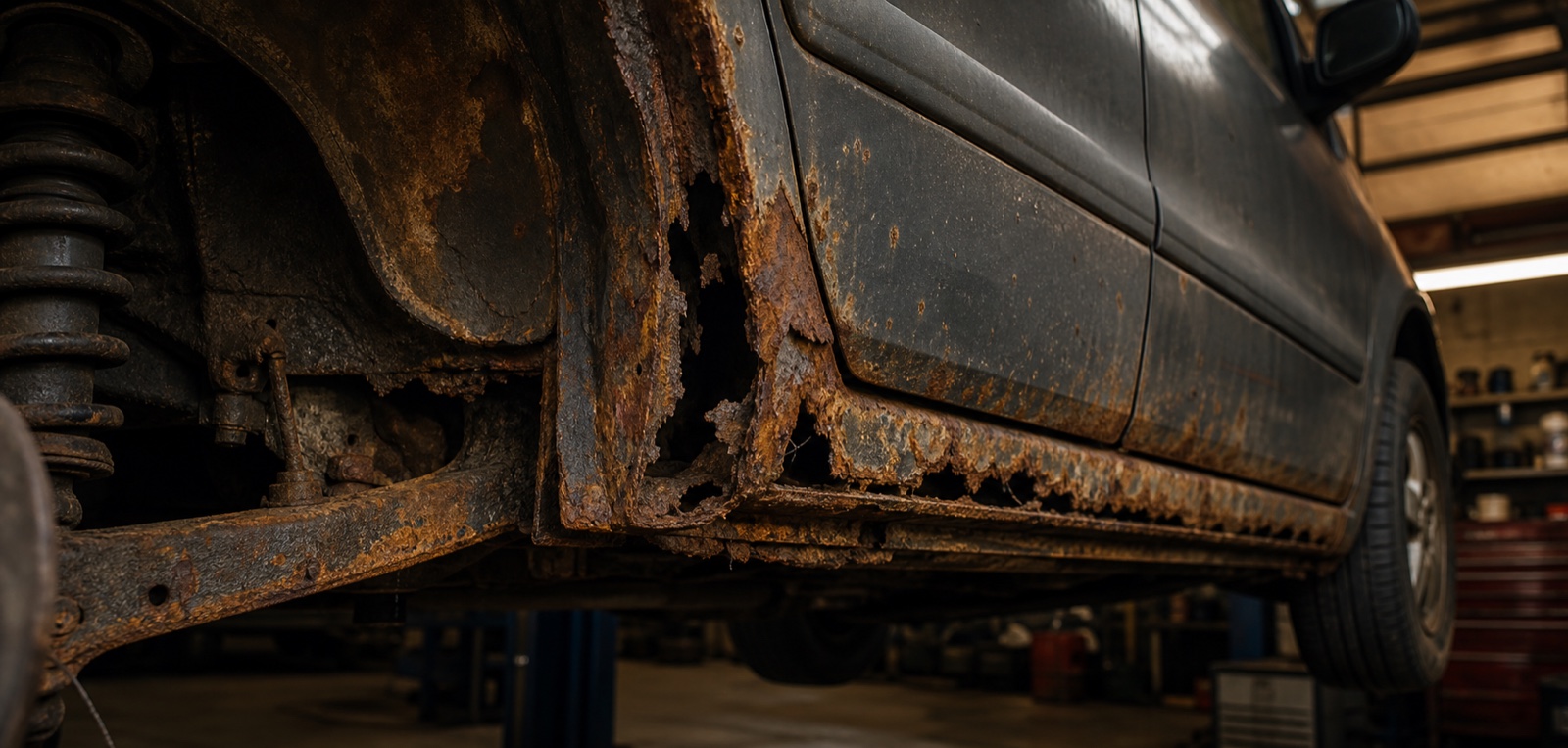 Severe corrosion around an older vehicle's wheel arch, sill and underbody