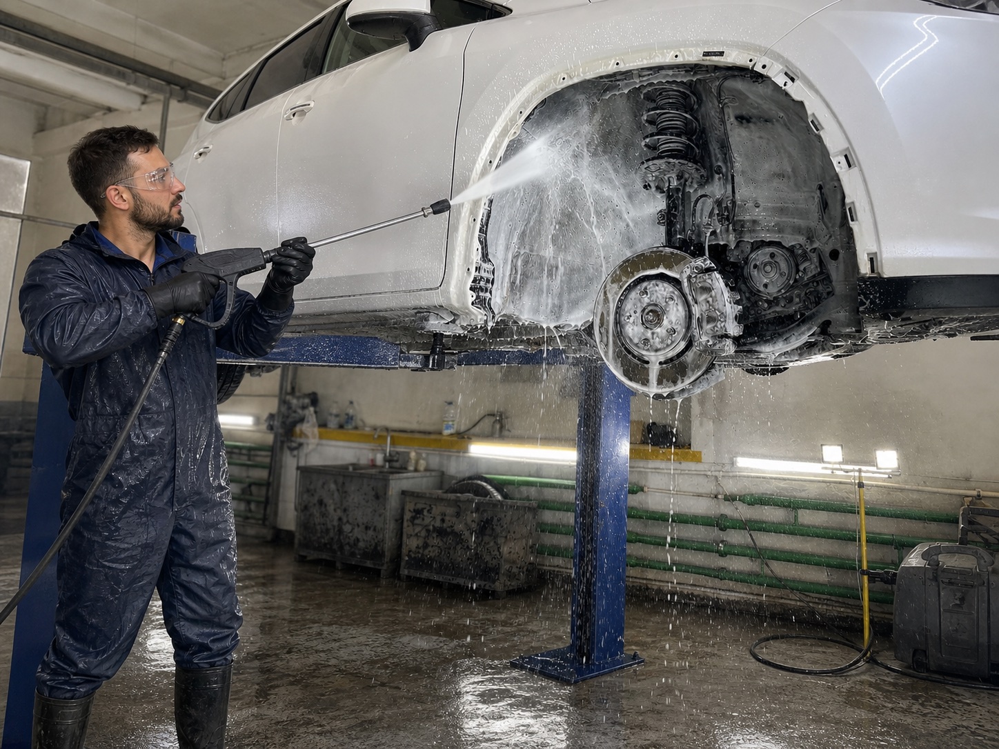 Technician pressure-washing a stripped vehicle wheel arch